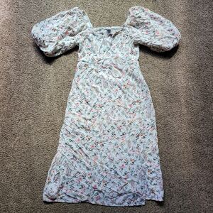 Old Navy Womens Dress S White Floral Cottage Core Puff Shoulder Maxi Slit Trad